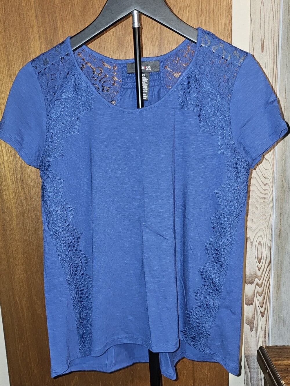 Style & Co. Blue Lace-Trim Short Sleeve Petite Top